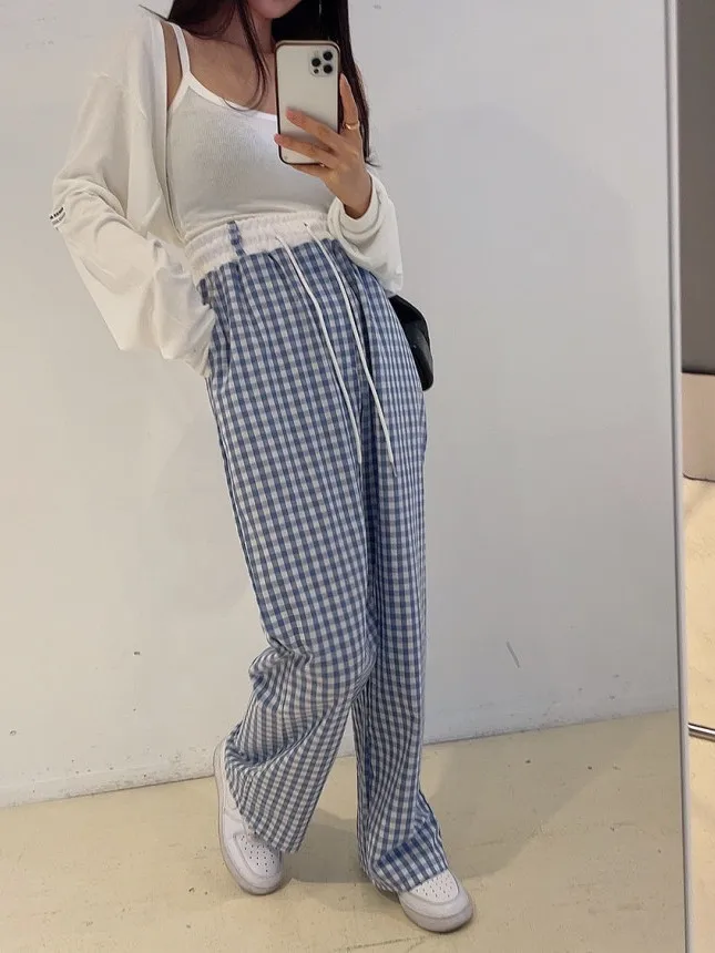 Retro High Waist Plaid Wide Leg Pants Women's Chic Loose Versatile Youthful Casual Trousers Korean Sle Autumn Season
