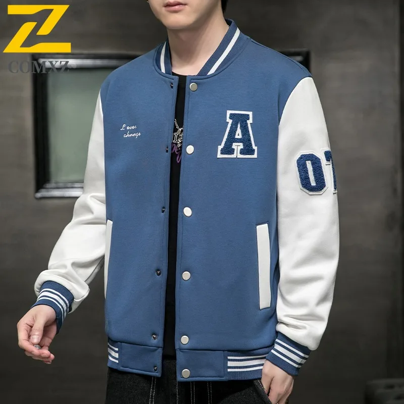 

COMXZ 2025 Men Jacket Coat Loose Fit Trend American Casual Baseball Style Hong Kong Hip Hop Stand Collar Outerwear windbreaker