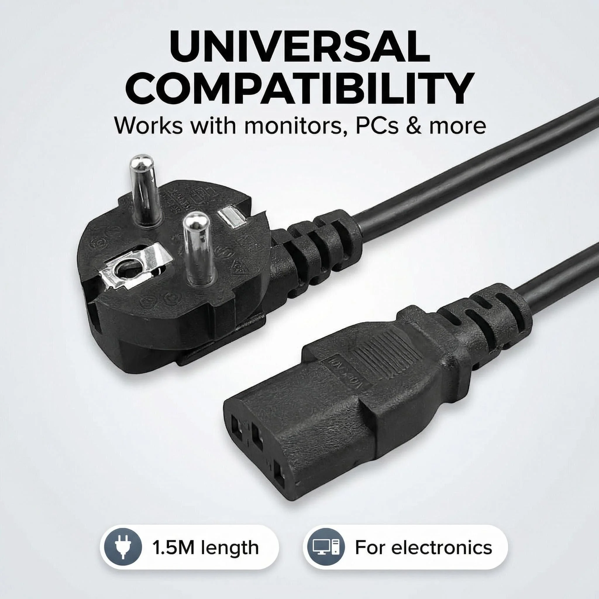 EU/US Plug1.5m 5FT 3 Pin 18 AWG 60C 250V  Universal Power Cord Cable For NEMA 5-15P To IEC320C13 Black PWC75A150 EU/US
