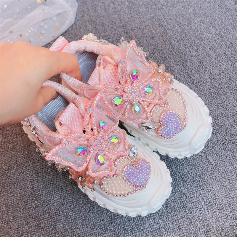 2023 Spring Kids Sneakers Girls Fashion Casual Running Sports Trainers Brand Breathable Children Pink Pearl Diamond Sneakers