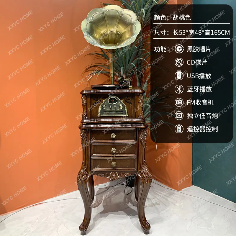 retro gramophone, vinyl record player, modern bluetooth, audio CD, living room ornament