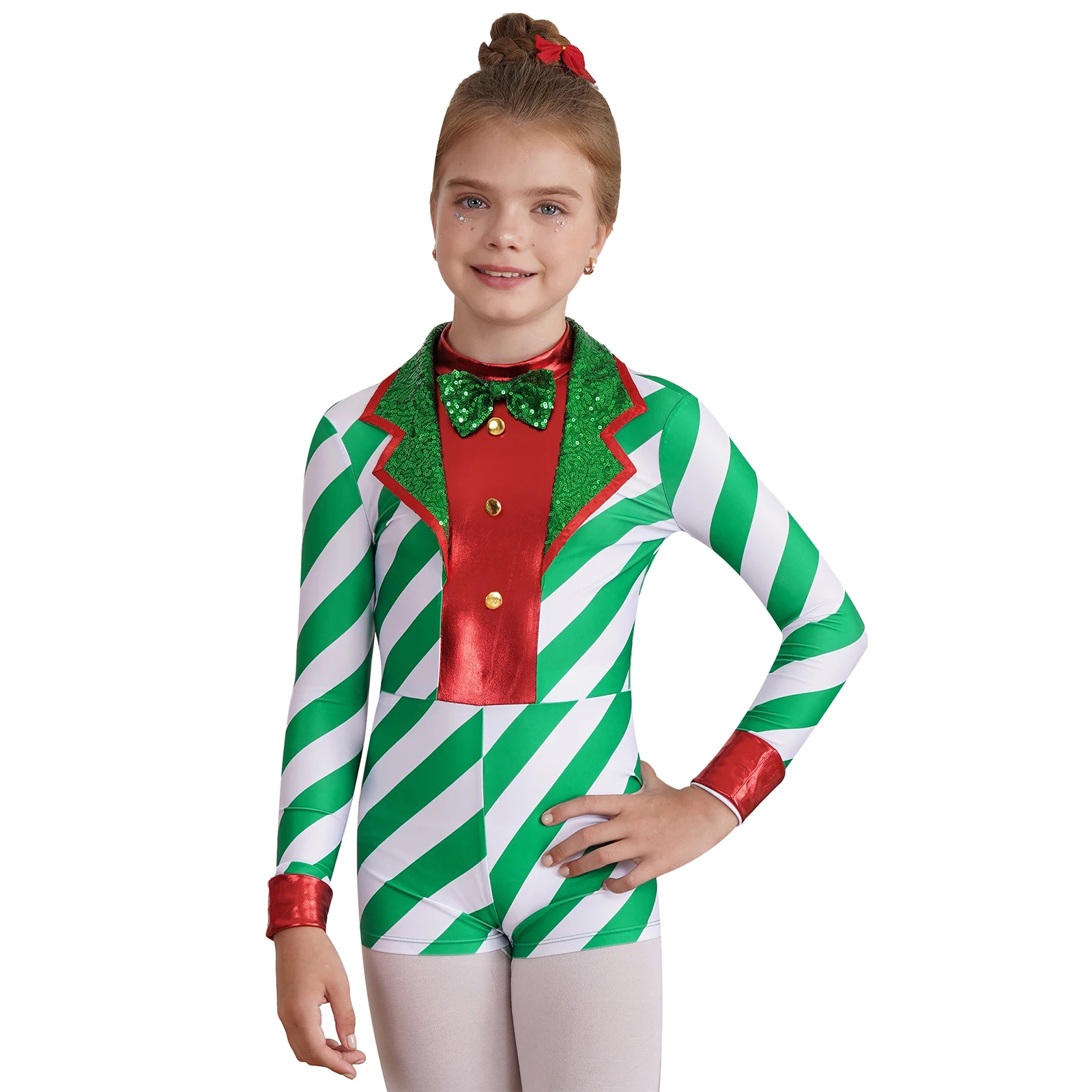 Kids Girls Christmas Dance Bodysuit Jumpsuit Long Sleeves Gymnastics Leotard Unitard Christmas Santa Elf Costumes