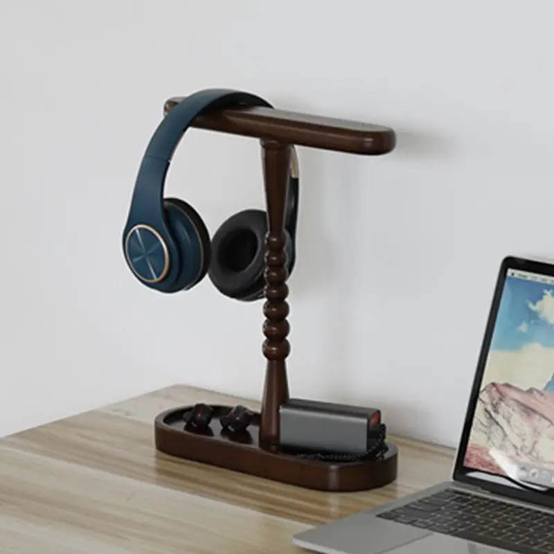 حامل سماعات رأس مزدوج من الخشب الصلب ، سماعة رأس للألعاب ، حامل قابل للفصل ، رف عرض سماعات سطح المكتب مع قاعدة تخزين