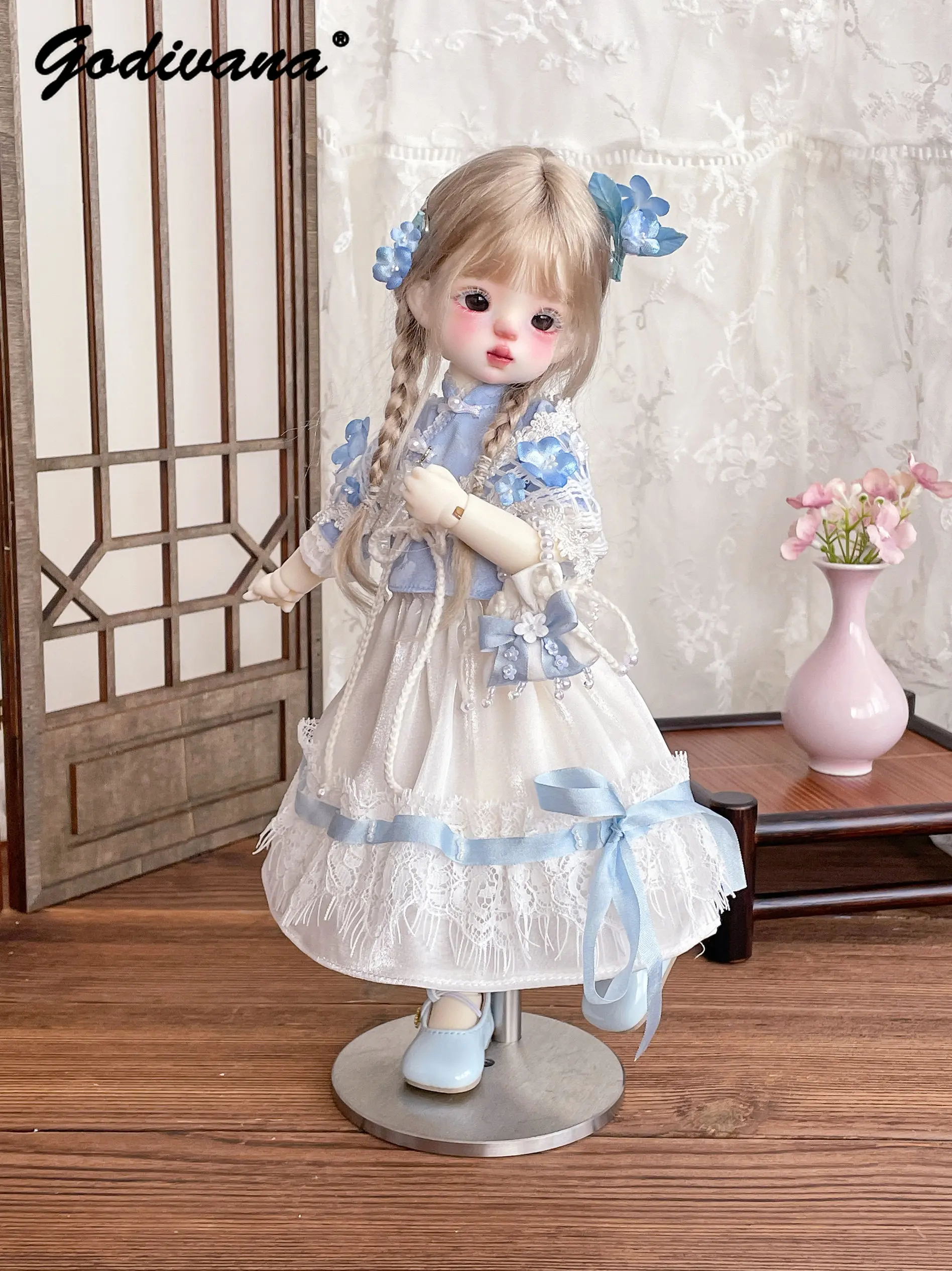 Sweet Cute Chinese Style BJD Doll Outfit Spring and Autumn Qipao Collar Lace Dress Set with Flower Hair Clips for 1/6 YOSD Doll