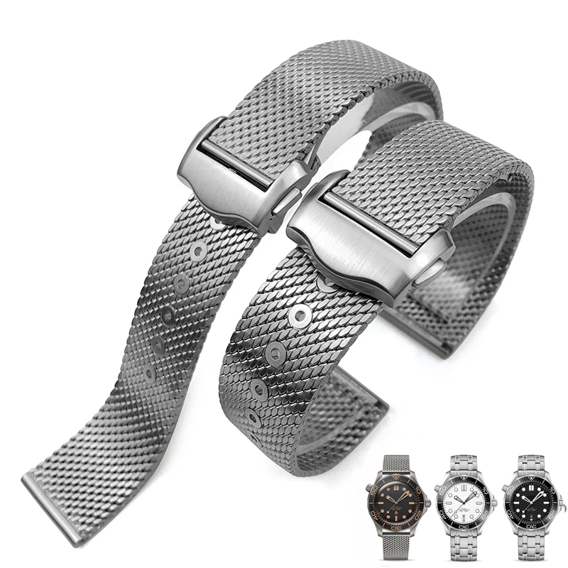 High Quality 316 Stainless Steel Braided Watchband Mesh Band Folding Buckle 20mm Strap for Omega Seamaster 007 003 Man Bracelet