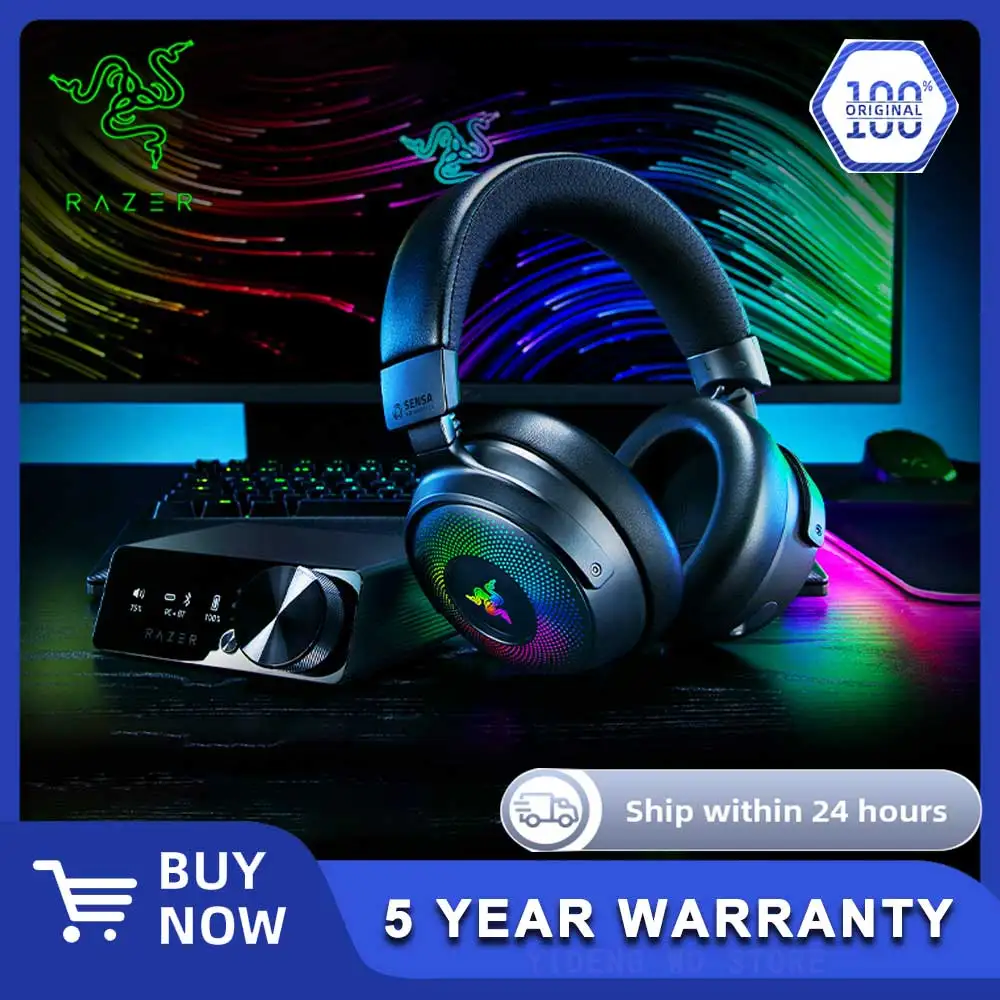 سماعة الألعاب اللاسلكية Razer Kraken V4 Pro 2.4 جيجا هرتز سماعة لاسلكية تعمل بالبلوتوث USB 3.5 ملم ميكروفون واسع النطاق للغاية لأجهزة الكمبيوتر الشخصية وأجهزة Mac وPS5 والهواتف الذكية