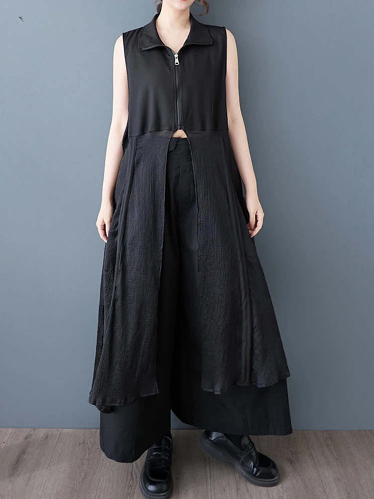 XITAO Patchwork Zipper Lapel Dress Casual Sleeveless New A-line Mid-calf Loose Turn-down Collar Spring Women Dress ZY8938
