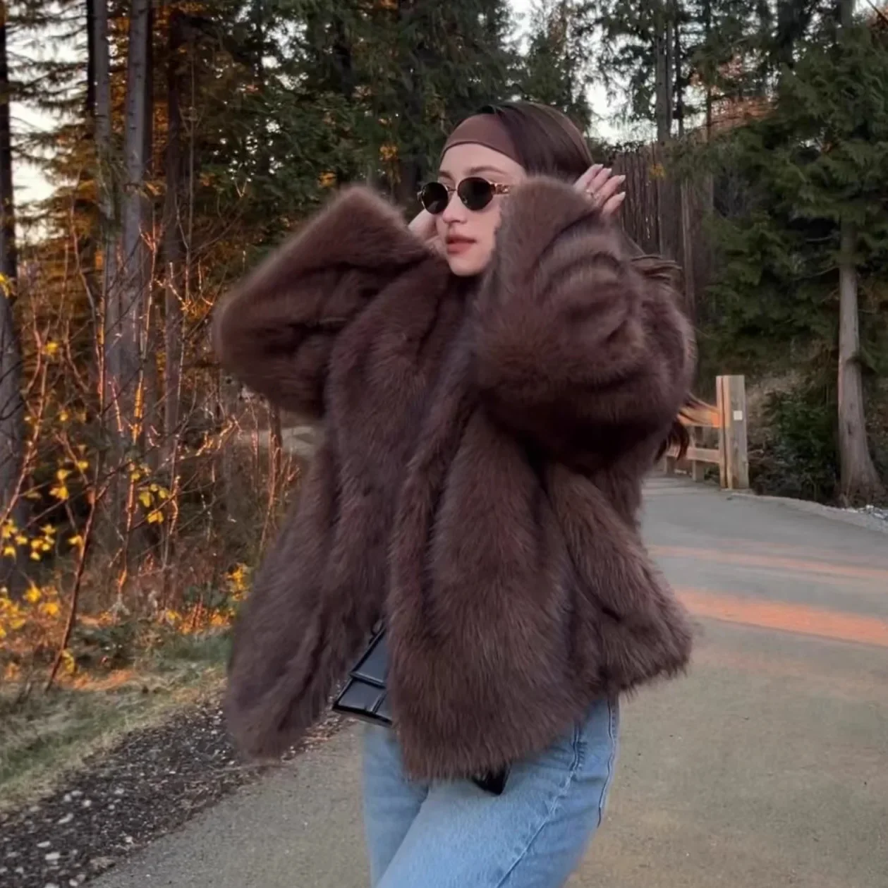 2025 Women's Faux Fox Fur Coat Brown Black Tip Large Lapel Collar Versatile Jacket Luxury Winter Outerwear