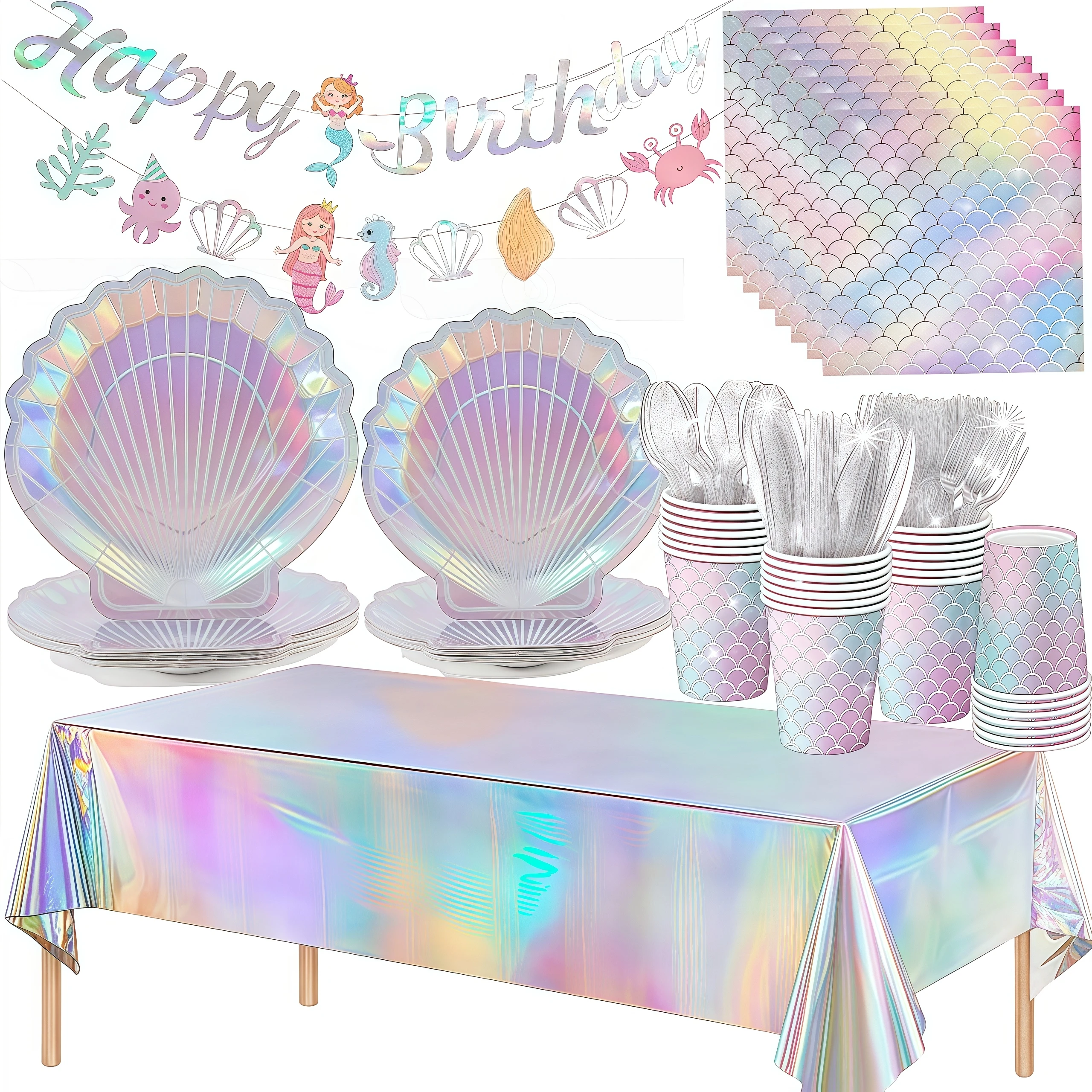Fournitures de fête sirène, ensemble de vaisselle, coquille, tasse en papier, assiette, serviette dégradée, décoration de fête d'anniversaire, réception-cadeau pour bébé