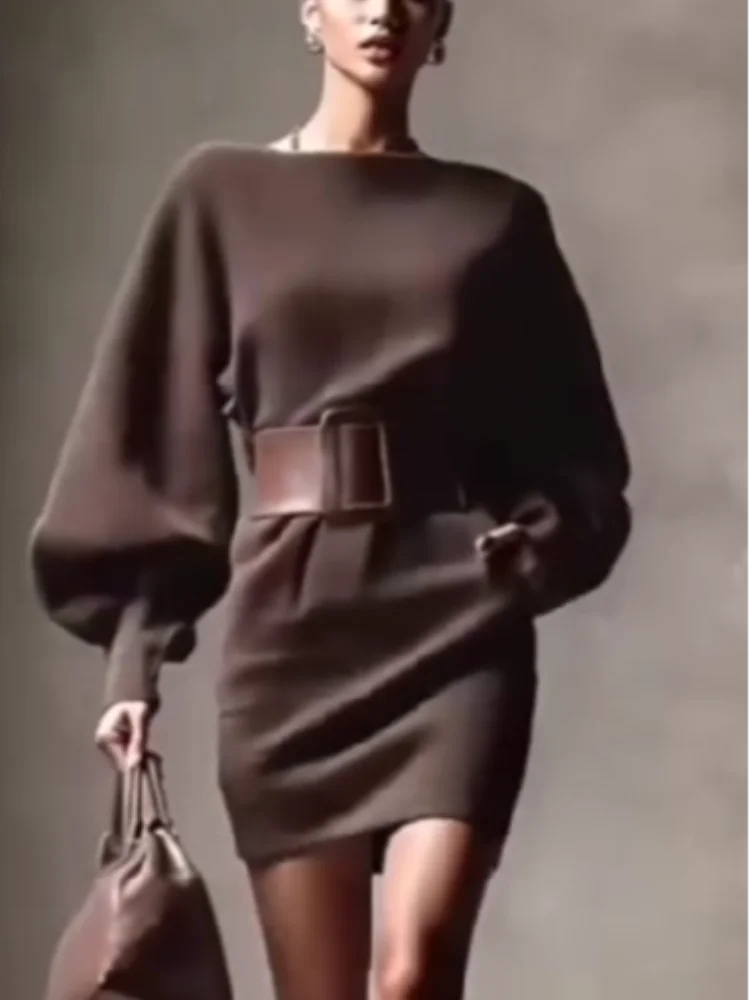 

Fashion Solid Waistband Knitted Pullover Women Chic Lantern Sleeve Waist Cinching High Waist Slim Pullovers Lady Spring Outwear