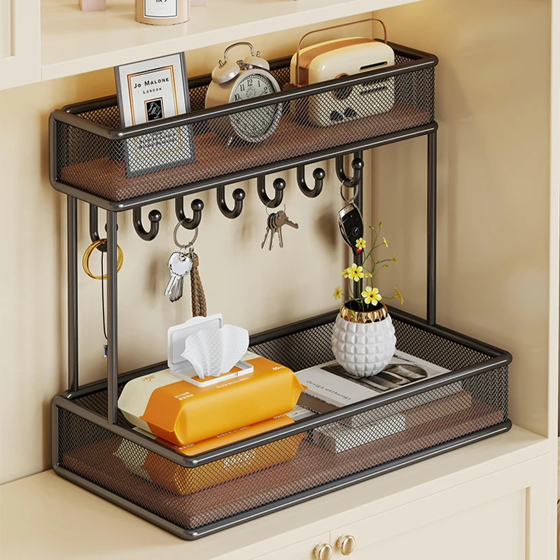 2 Layers Storage Rack with 7 Hooks Desktop Tiered Organizer for Entranceway Large Capacity Storage Holder Display Rack Key Hooks