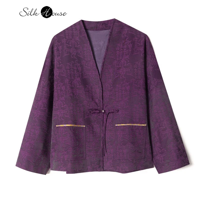 

Пальто из натурального шелка тутового шелкопряда с жаккардовым узором «Пшеничный колос» в новом китайском стиле, однотонное, с V-образным вырезом, кисточками и застежкой, с длинными рукавами