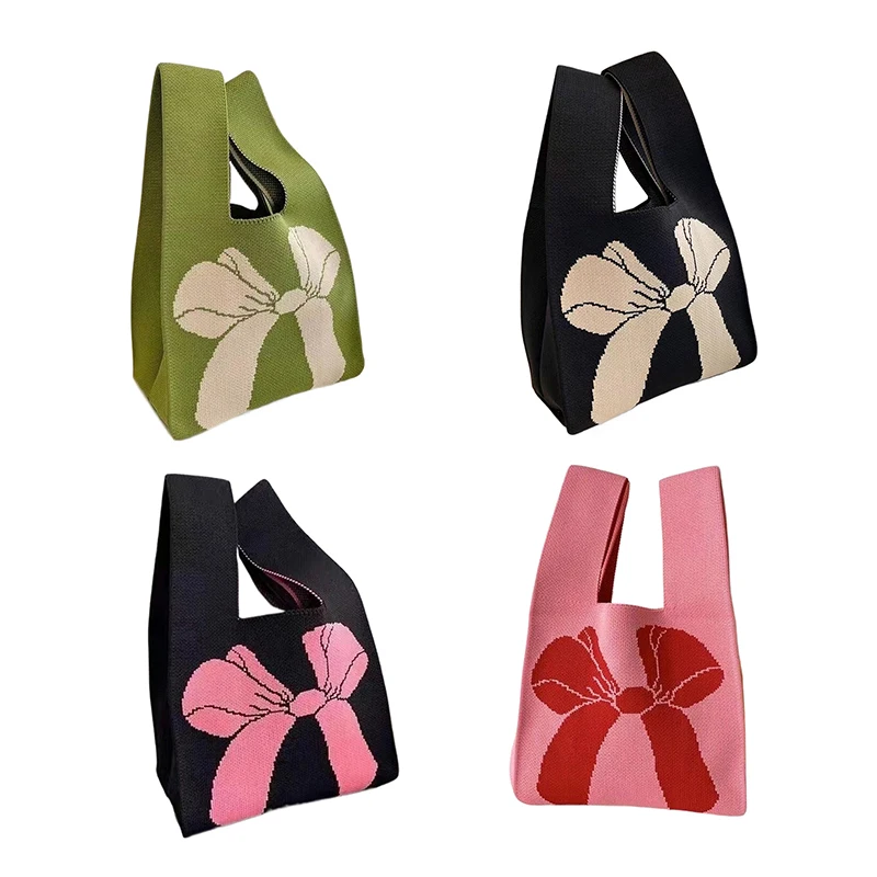 Bolsas de malha bowknot para mulheres, bolsa de pulso artesanal, sacola casual pequena de arco, sacolas de compras reutilizáveis para meninas, novas