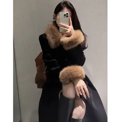 Large Fur Collar Black Coat For Women's Autumn Winter Haute Couture Down Waist Down Collar Temperament Long Lace-Up Windbreake