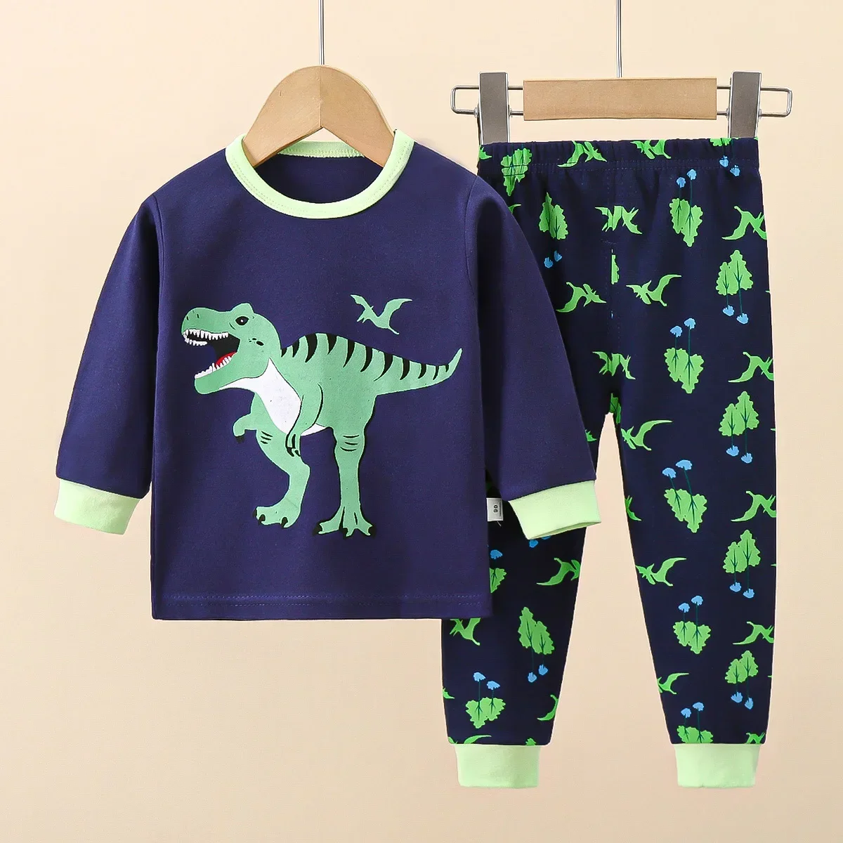 New Baby Boys Girls Warm Pajamas Kids Cute Cartoon Dinosaur O-neck T-Shirt Tops + Pants Pyjamas Autumn Underwear Clothing Sets