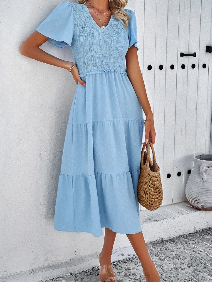 Women's Summer Dress 2024 New Elegant Casual Versatile Temperament Casual Solid Color V-Neck Short Sleeved Dress