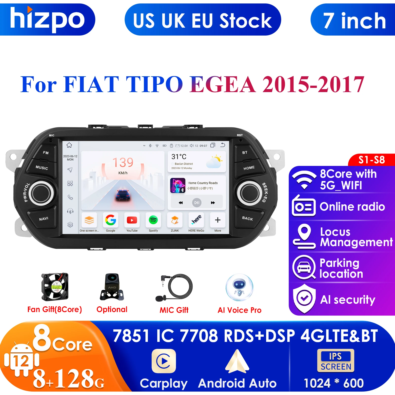 Hizpo Carplay 4G 7'' DSP 2din Android 13 Car Radio Multimedia Player for Fiat Tipo Egea 2015 2016 2017 GPS Stereo Autoradio WIFI