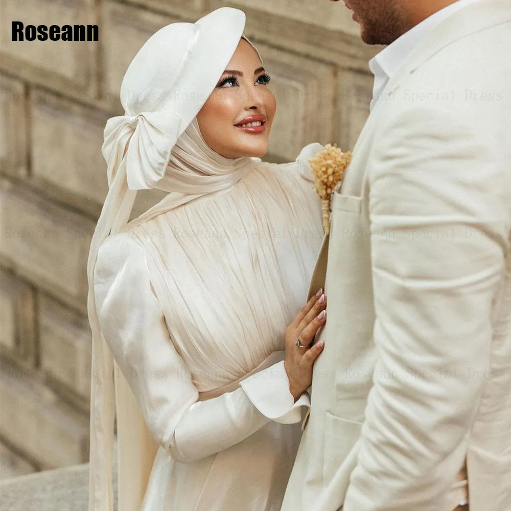 Customized Muslim 2024 New Simple Ivory A-line Wedding Dresses Satin Ribbon Draped Pleat Brush Train Bride Gown robe de mariée