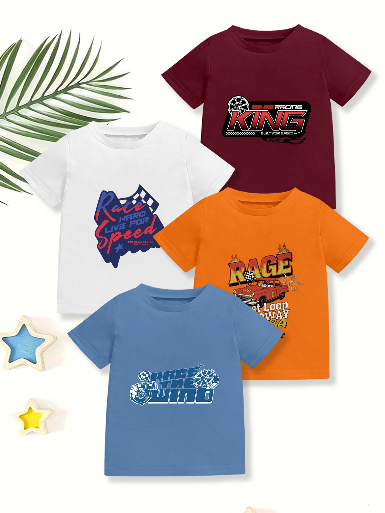 4 pieces: Summer Boys Short Sleeve Casual T-shirt Sports Car Wheel English Pattern Print