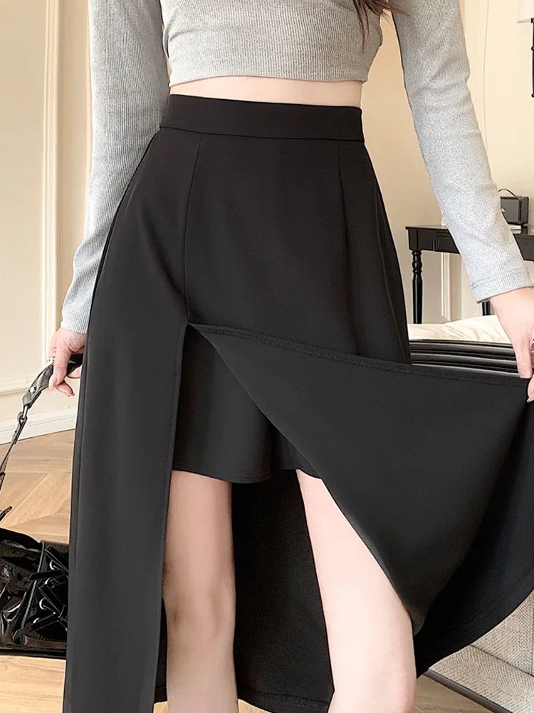 

Юбки женские с разрезом по бокам, корейская мода, шикарная однотонная винтажная универсальная уличная одежда с высокой талией, популярная весна-лето Y2k, простая Mujer