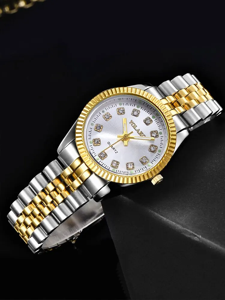 1pcs Women\'s Fashion Round Room Gold Steel Band Quartz Wristwatch