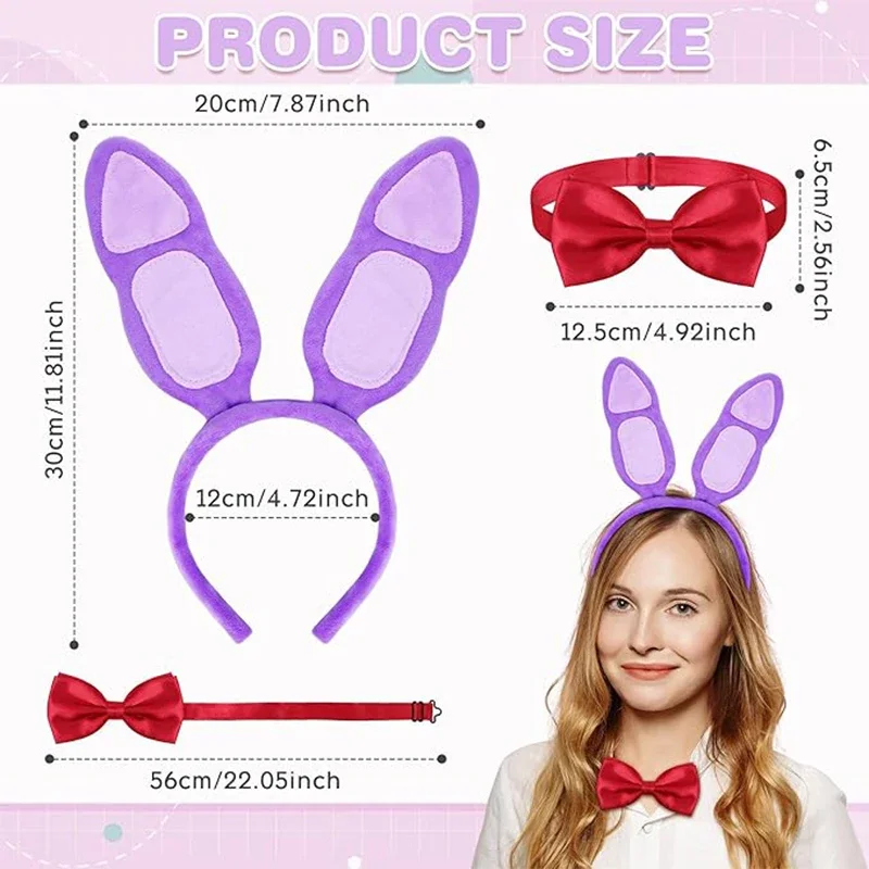 Plush Purple Bunny Ears Headband with Red Bow Tie Set Rabbit Ears Hair Hoop Costume Accessories for Halloween FNAF Freddy Bonnie