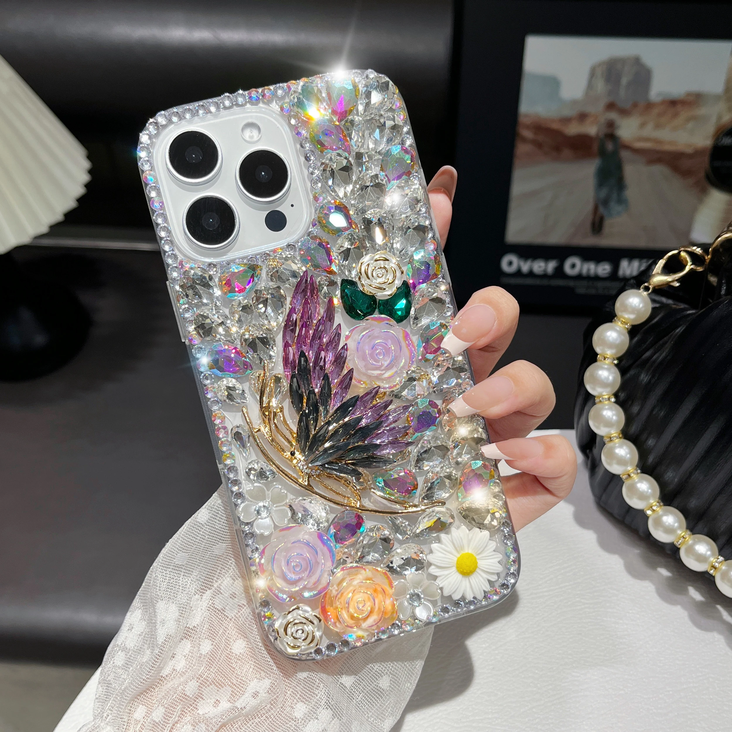 Luxury Crystal Butterfly Strap Phone Case For iPhone 16 15 13 14 11 Pro Plus Samsung Galaxy S24 S22 S25 S21 S23 FE Ultra Note 20