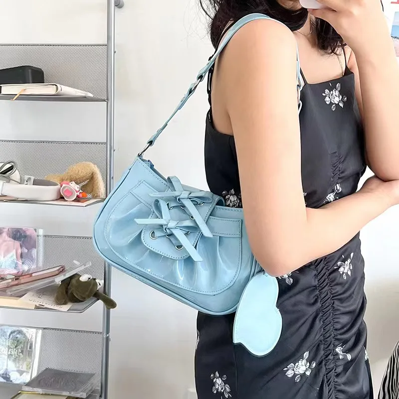 

Niche Hot Girl Style Shoulder Bag Cute Girly Patent Leather Armpit Bag Bow Mirror Bag Fashionable And Simple Luxury Crossbody