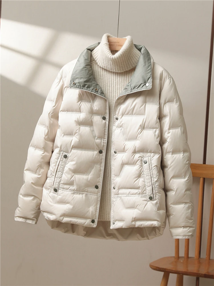 

Autumn Winter Casual Women Stand Collar Single Breasted Jacket Fashion White Duck Down Coat Light Puffer Parka Outwear