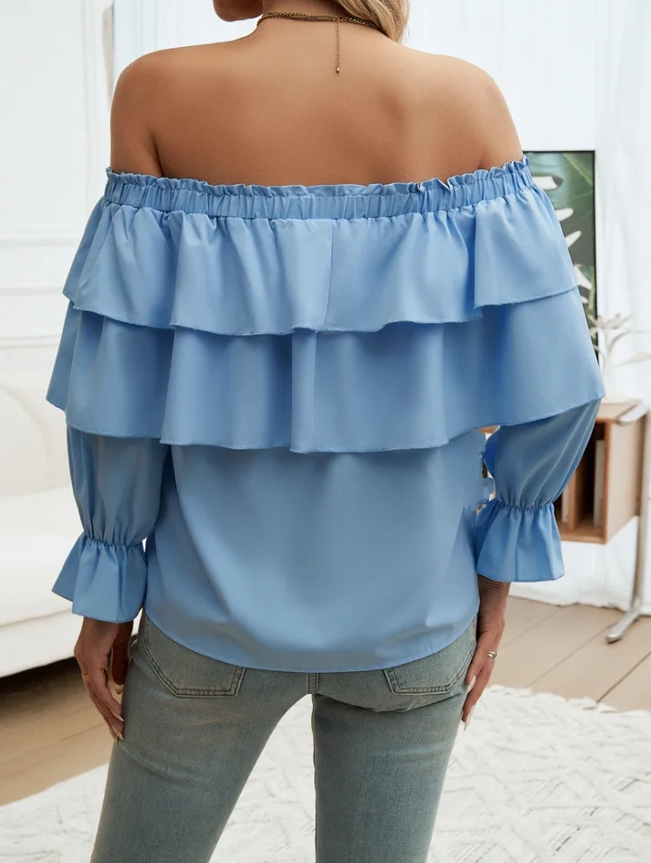 Women Blouse 2024 Autumn New In Solid Color Off Shoulder Drawstring Collar Layered Ruffle Lantern Long Sleeve Pullover Top