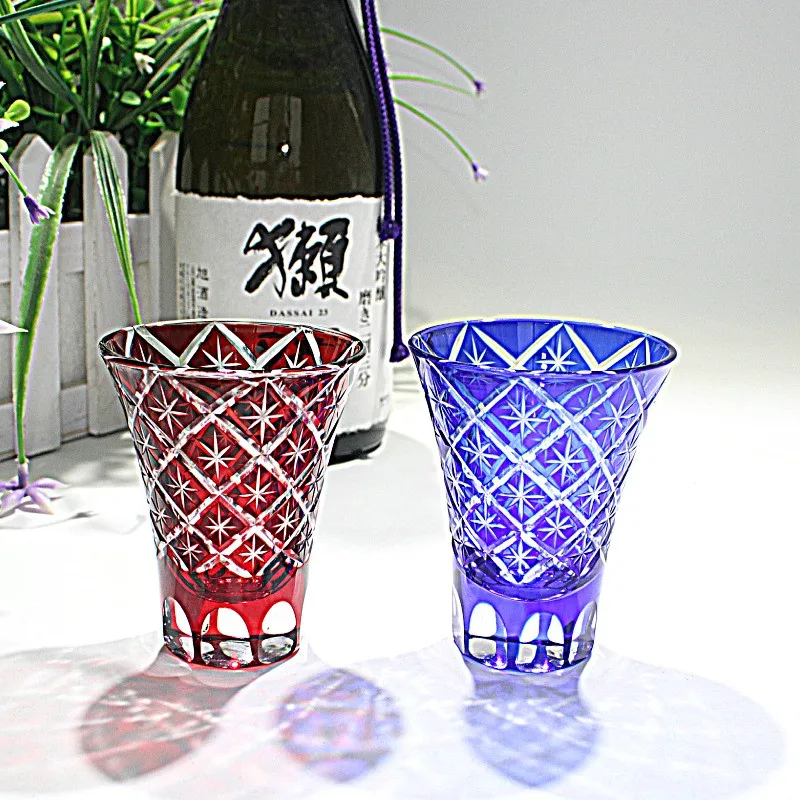 Japanese Sake/Beer Glass Wine Cup Handcarved Edo Dice Craftsman Birthday Present & Wedding Gift Home Party Use Blue/Red 50-110ML