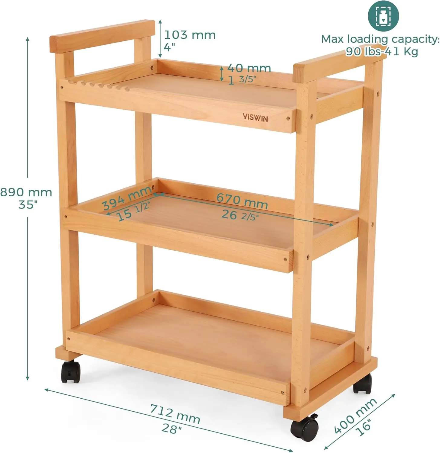 Viswin Solid Beechwood Art Cart Storage Organizer, 3-Tier Rolling Utility Studio Taboret With Casters, Multifunctional Storage