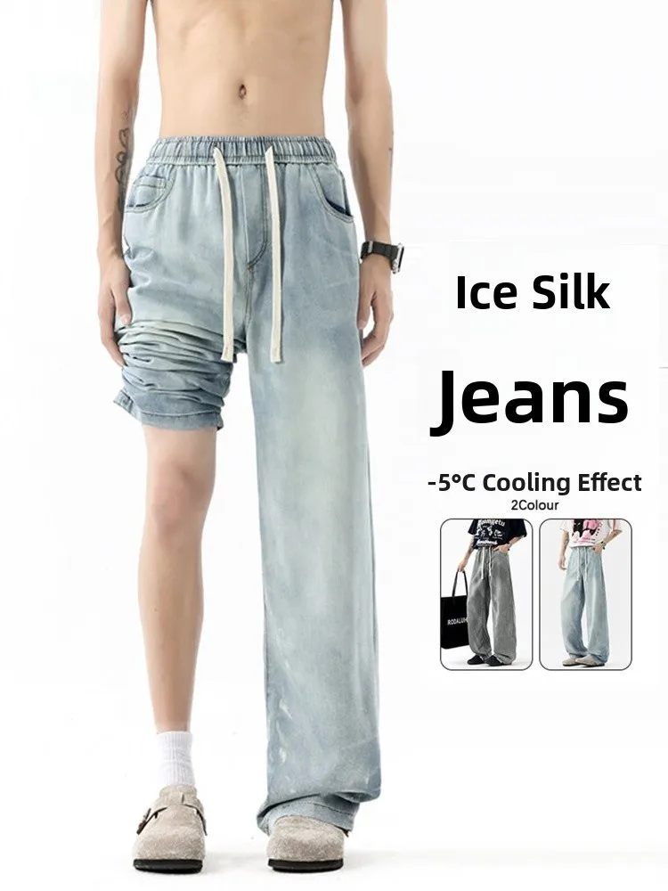 

Wmnm Men's Summer Thin Wide Leg Jeans Ice Silk Tie Dye Elastic Waist Straight Leg Long Pants Faion Urban Wear Resistant Wear