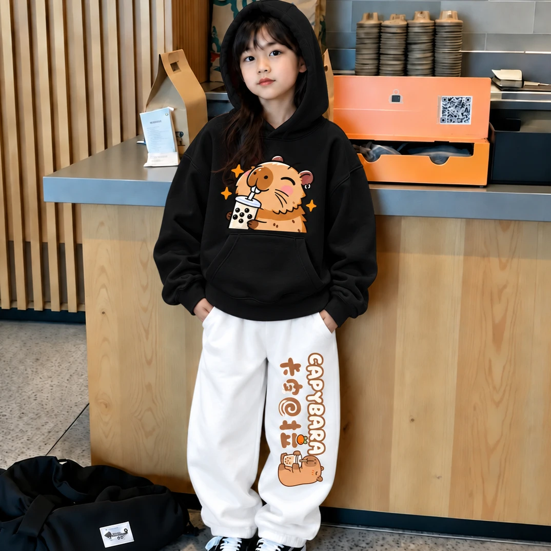 Cute Capybara Drinking Bubble Tea Kids Hoodie Sweatpants Set Cartoon Capybara Graphic 2Pc Outfit Hooded Tracksuit for Boys Girls