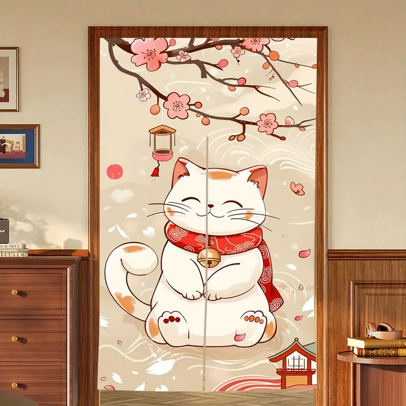 VIKAMA Cute Lucky Cat Noren Door Curtain Sakura Maneki Neko Half Doorway Curtain for Kitchen Bedroom Home Room Decor Gift