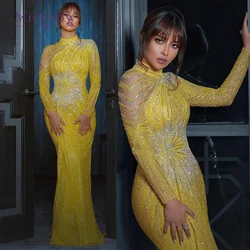 MisShow Elegant Yellow Mermaid Muslim Evening Dresses For Women Luxury Dubai Long Sleeves Beaded Arabic Formal Party Gowns