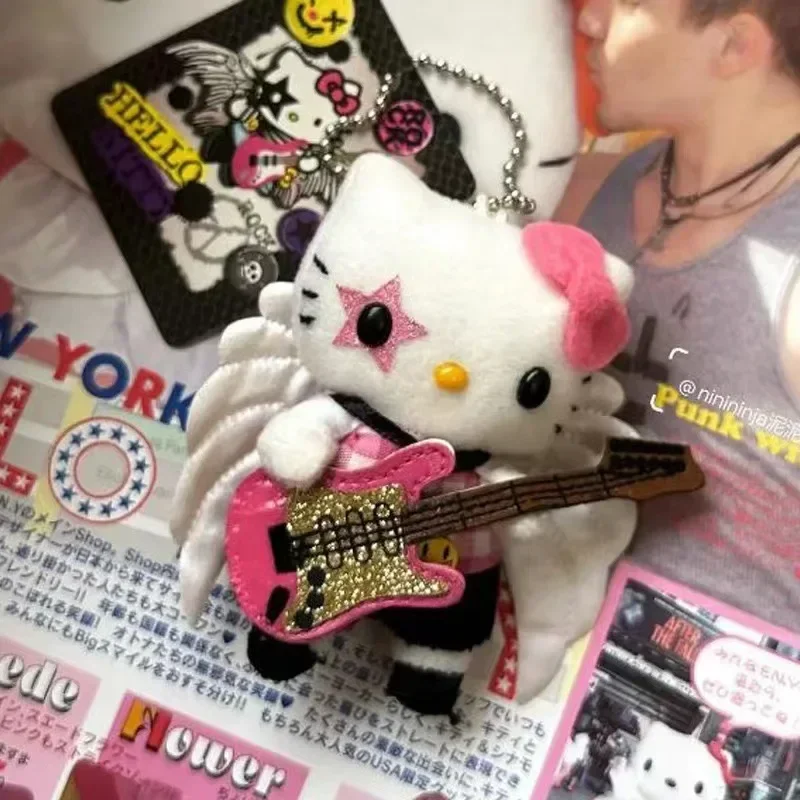 Y2K Rock Singer Hello Kittys Plush Doll Keychain Kawaii Guitar Angel Backpack Pendant Cute Decoration Children\' Toy Gift