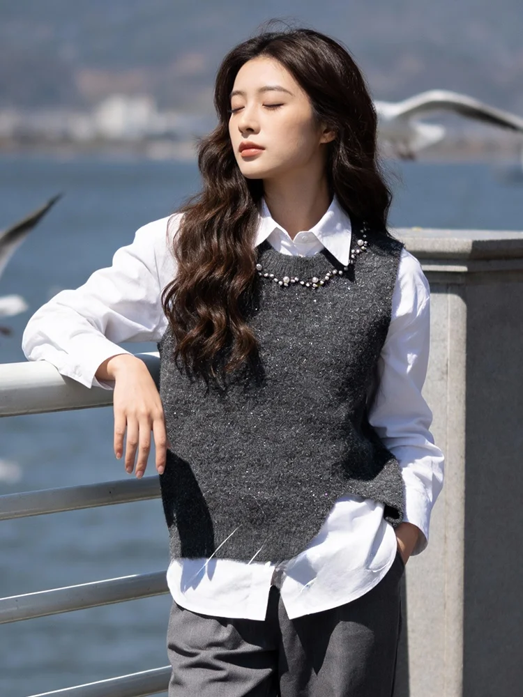 

iny Tead Knitted Vest plus Size Spring Season Versatile Slimming Layering Tank Top Commute Sle round Ne No Sve