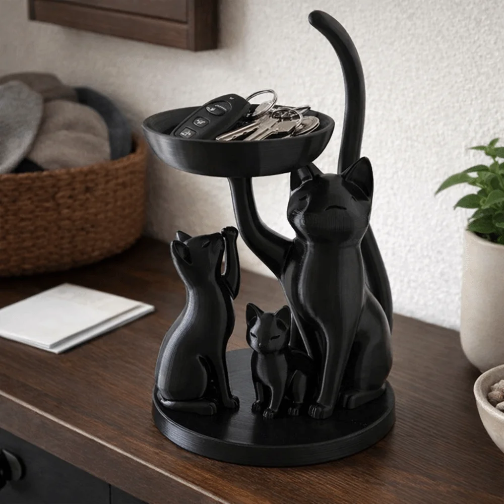 Cartoon Cat Jewelry Tray Decorative 3D Printed Desktop Ring Holder Space Saving Cat Family-Shaped Jewelry Storage Tray
