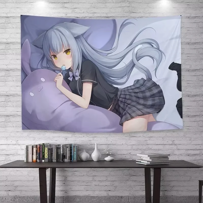 Cartoon Cat Ear Girl Tapestry, Bohemian Anime Wall Hanging for Student Dorm Bedroom Living Room Home Decor Accessories
