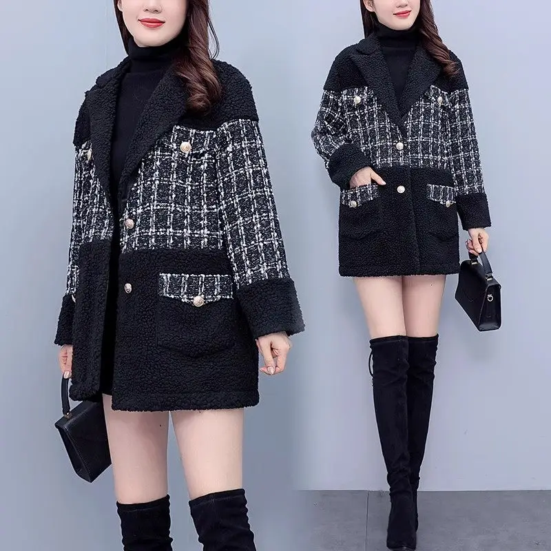 Oversized Women's Woolen Blazer 2023 Winter Fashion Loose Splicing Thickened Casual Suit Collar Coat Jacket Outerwear Z3481