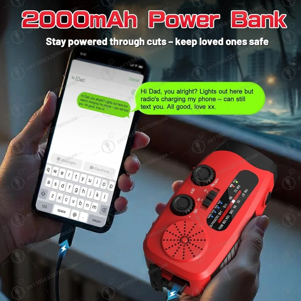 راديو طوارئ للبقاء على قيد الحياة مع شحن بالطاقة الشمسية وكرنك، وبنك طاقة 2000 مللي أمبير في الساعة وإنذار SOS للمغامرات الخارجية