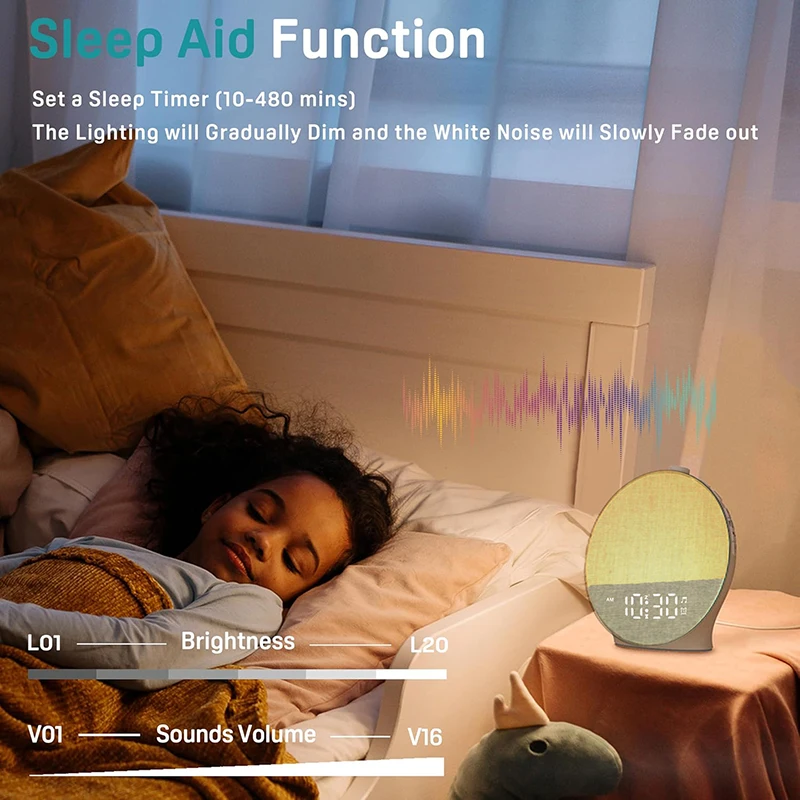 إيقاظ ضوء شروق الشمس المنبه الأبيض الضوضاء آلة الصوت سمّاعات بلوتوث لون ضوء الليل لغرفة النوم هدية مثالية #6