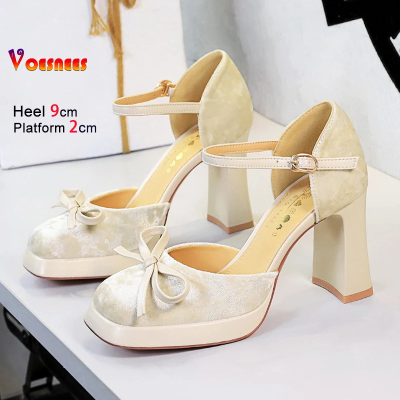 

2026 New Velvet High Heels 9CM High Heel Square Toe Side Empty Elegant Sandals For Woman Buckle Strap Outdoors Shoes With Bow