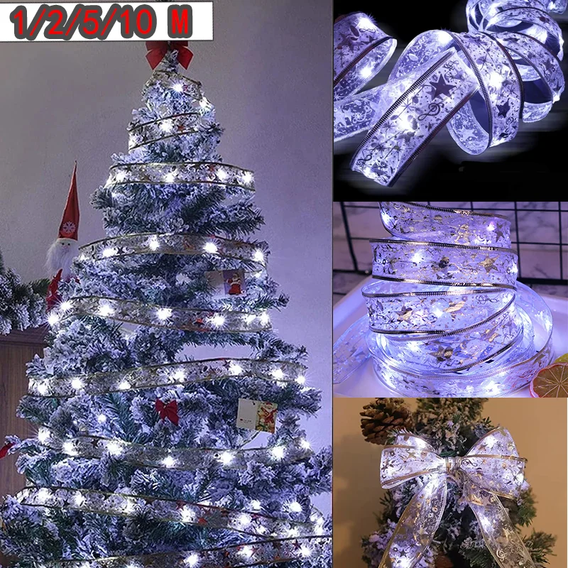 Christmas Tree LED Ribbon Light Battery-Powered Christmas Decoration Ornament Bows Light New Year Gifts Wedding Party Navidad