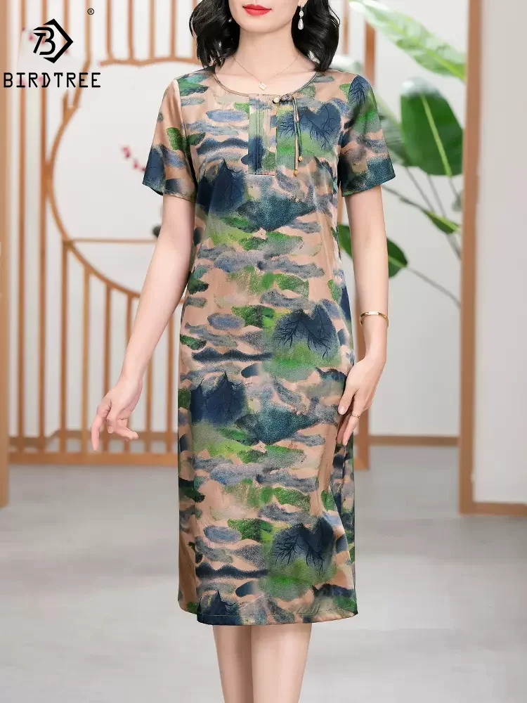 

BirdTree 90% Real Silk Satin Dresses, Women Short Sleeve Printed, Elegant Retro Chinese Loose Dress, 2024 Summer New T443130QM