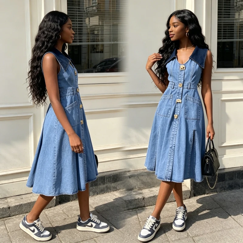 Kleider Damen Jeanskleid Ärmellos Ausgeschnitten Vestidos Umlegekragen Sommer Gewaschenes Sommerkleid Vintage Streetwear A-Linie
