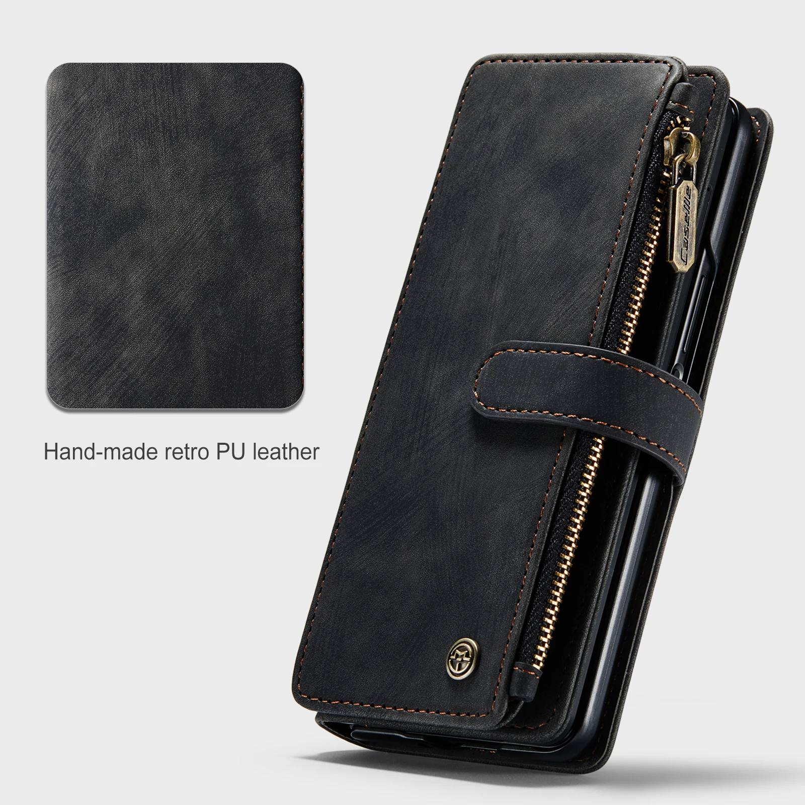 

10pcs/Lot CaseMe C30 Retro Kick Stand Slim Wallet Zipper Pocket Card Slots Leather Case For Samsung Z Fold 3 5G Cover