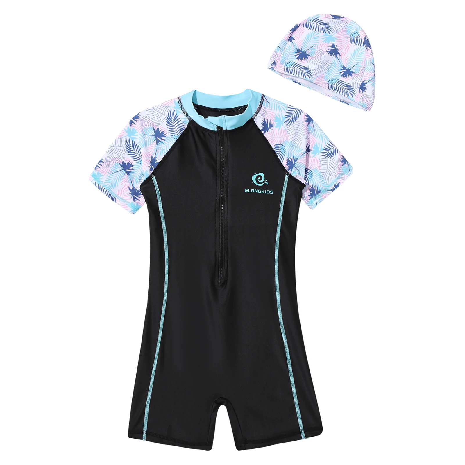 Kids Girls One-piece Print Swimsuit with Hat  Front Zipper Jumpsuit Athletic Boyshort Swimswear Pool Beach Swimming Bathing Suit