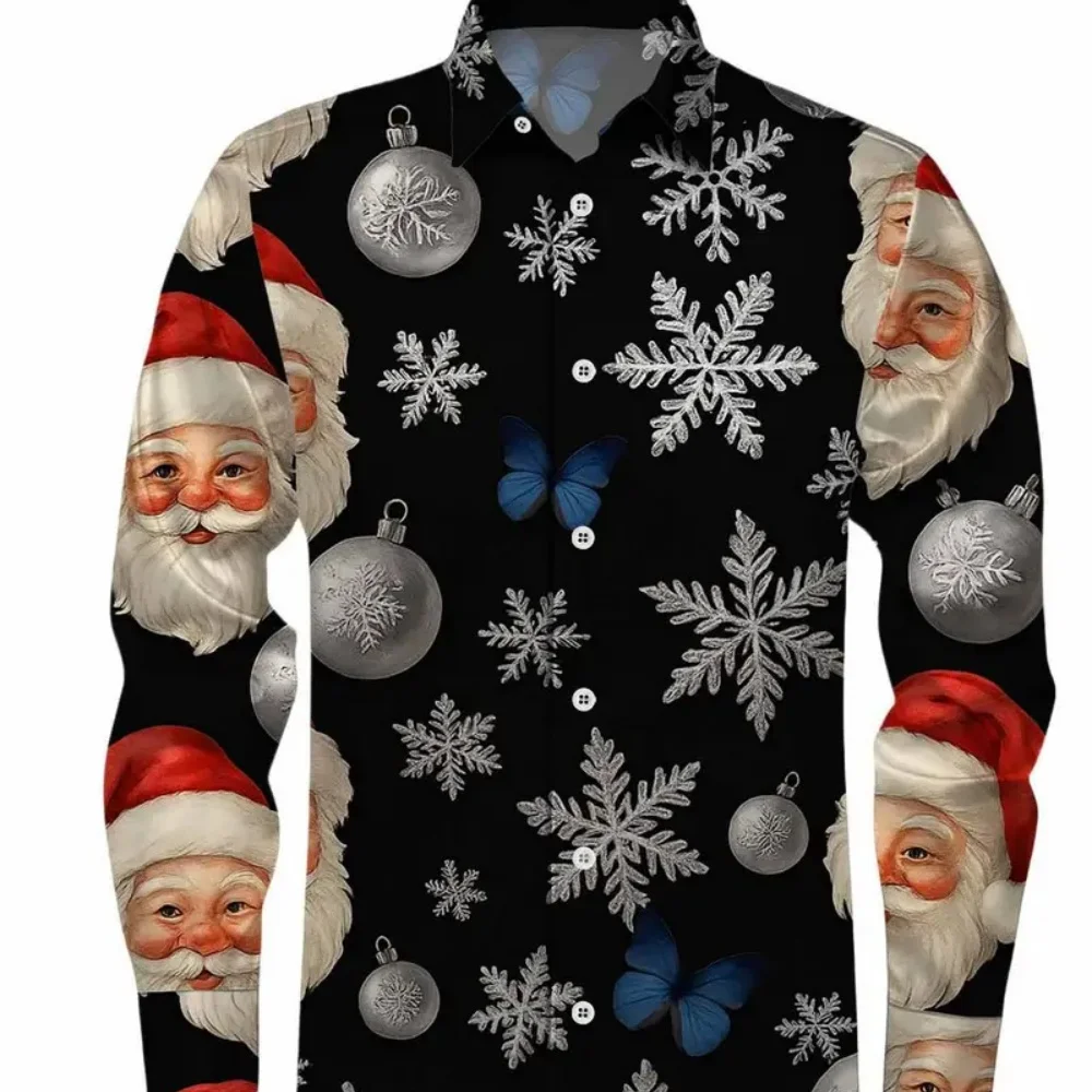 قميص رجالي إبداعي بنمط ندفة الثلج بأكمام طويلة وحفلات عيد الميلاد ملابس كاجوال مريحة للعطلات للرجال